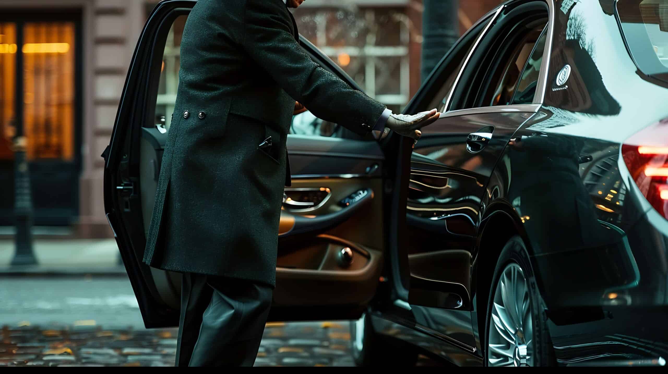 Serviço de limusina 1 chauffeur ouvrant la porte d une voiture de luxe ia generative1 scaled