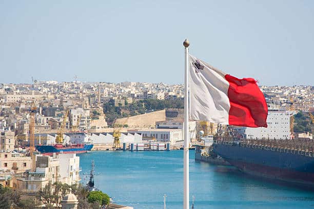 View of a Malta flag over the city
