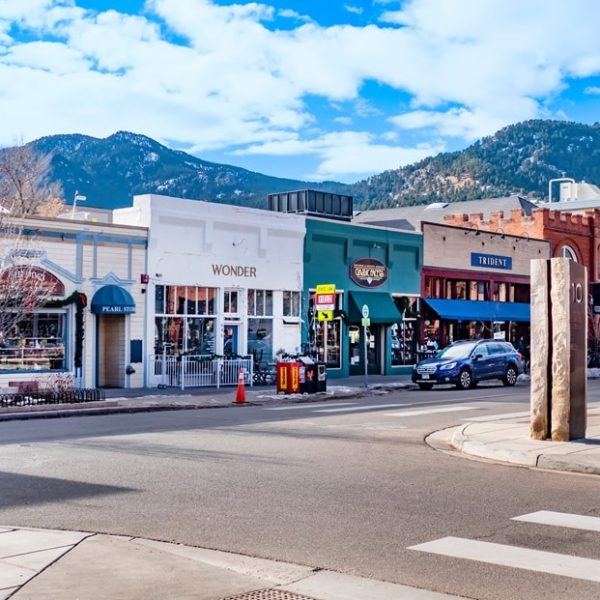 View of the Pearl Street Mall, a landmark pedestrian area in downtown Boulder, Colorado, in the Rocky Mountains Boulder chauffeur service by the hour