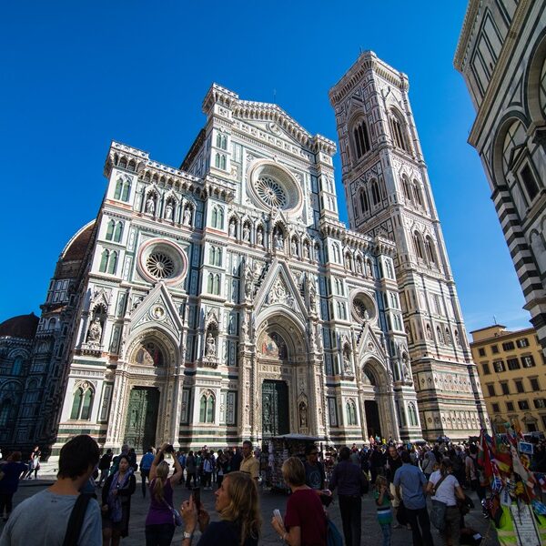 Florence Cathedral Santa Maria del Fiore sunrise view, empty streets and square, Tuscany, Italy